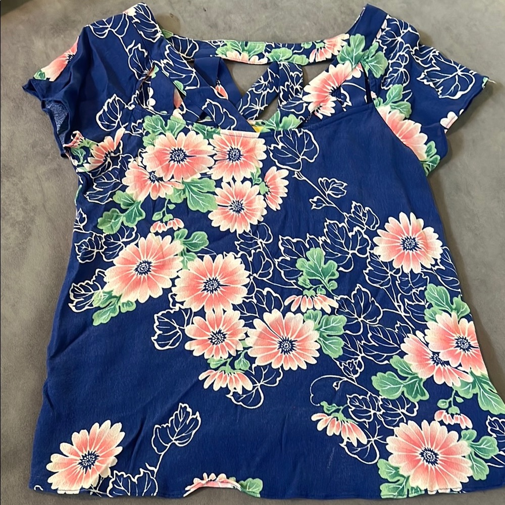 Maeve Navy Floral Blouse with Peach and Green Accents